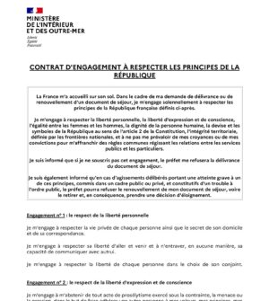 Contrat d'engagement à respecter les principes de la République à signé